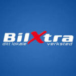 BilXtra verksted logo med blå bakgrunn og hvitt og rødt tekstdesign.