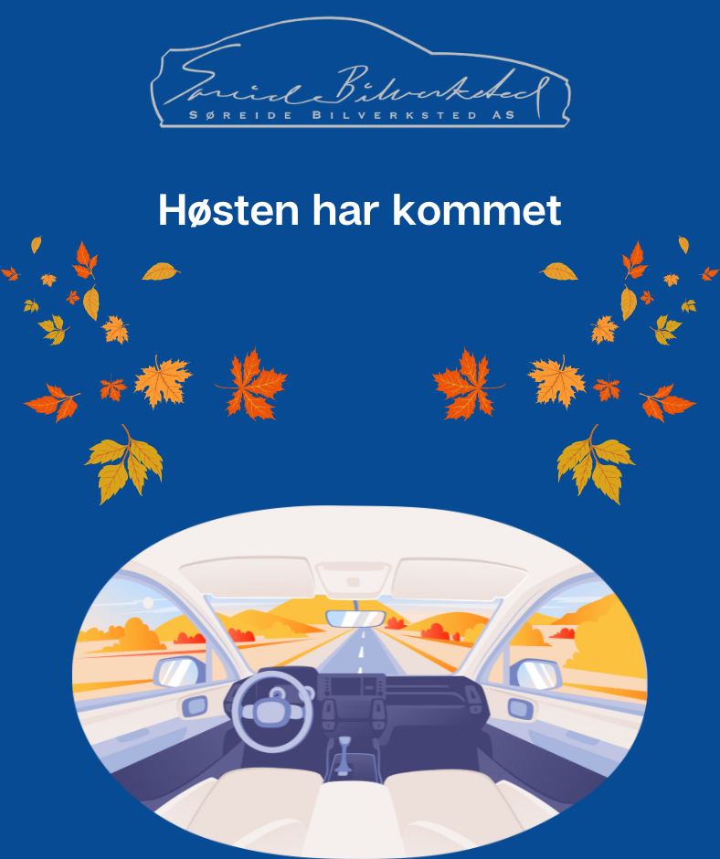 Høsten har kommet, bilde av bilinteriør med høstfarger og landskap, Søreidebil, bilverksted, høstbil, bilservice i Norge.